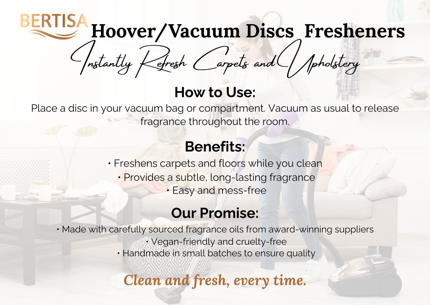 Advertisement for Bertisa Hoover/Vacuum Discs Fresheners with text on usage, benefits, and promise.