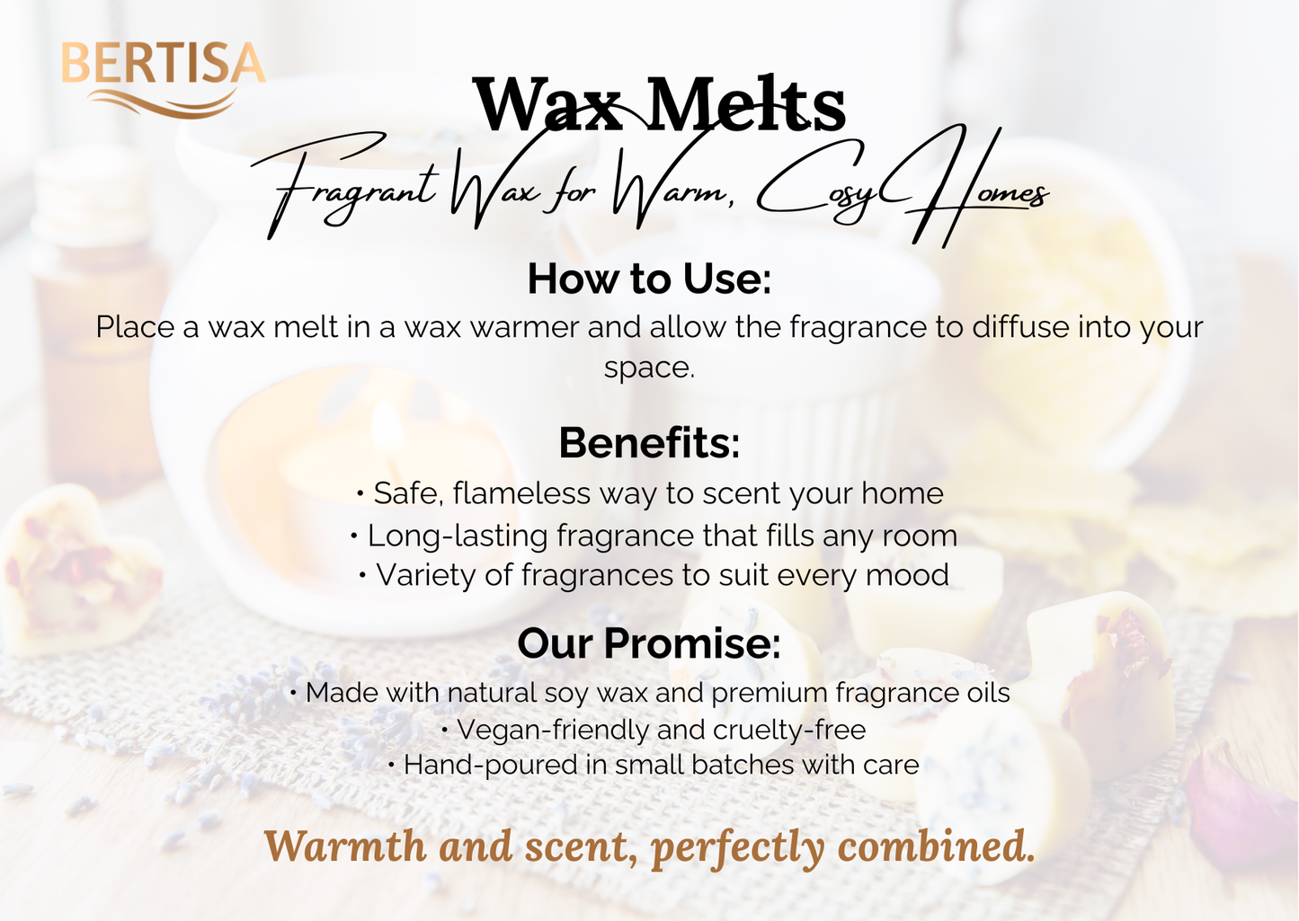 Advertisement for BERTISAA wax melts with text on how to use, benefits, and promise.