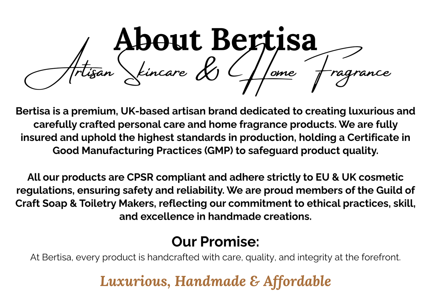 Bertisa Skincare & Home Fragrance brand description on a white background