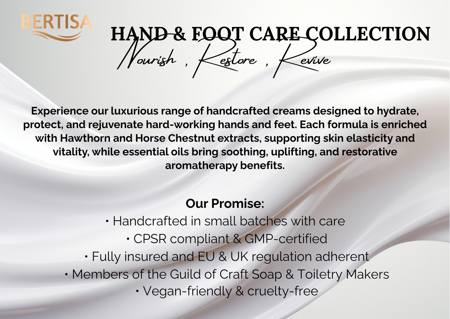 Advertisement for BERTISA hand and foot care collection with text about product benefits and promises.