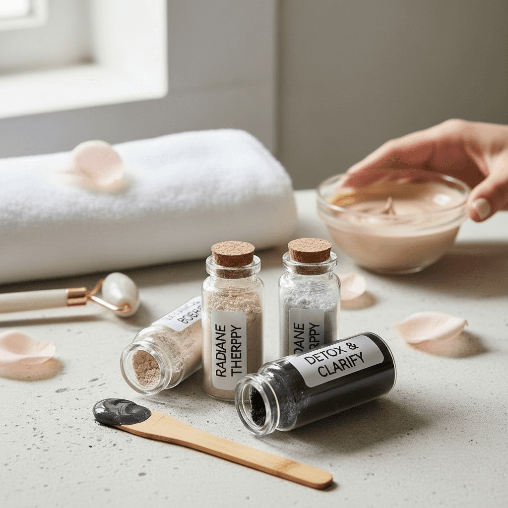 Flat lay of corked bottles, wooden spatula with black paste, jade roller, and glass bowl on grey surface