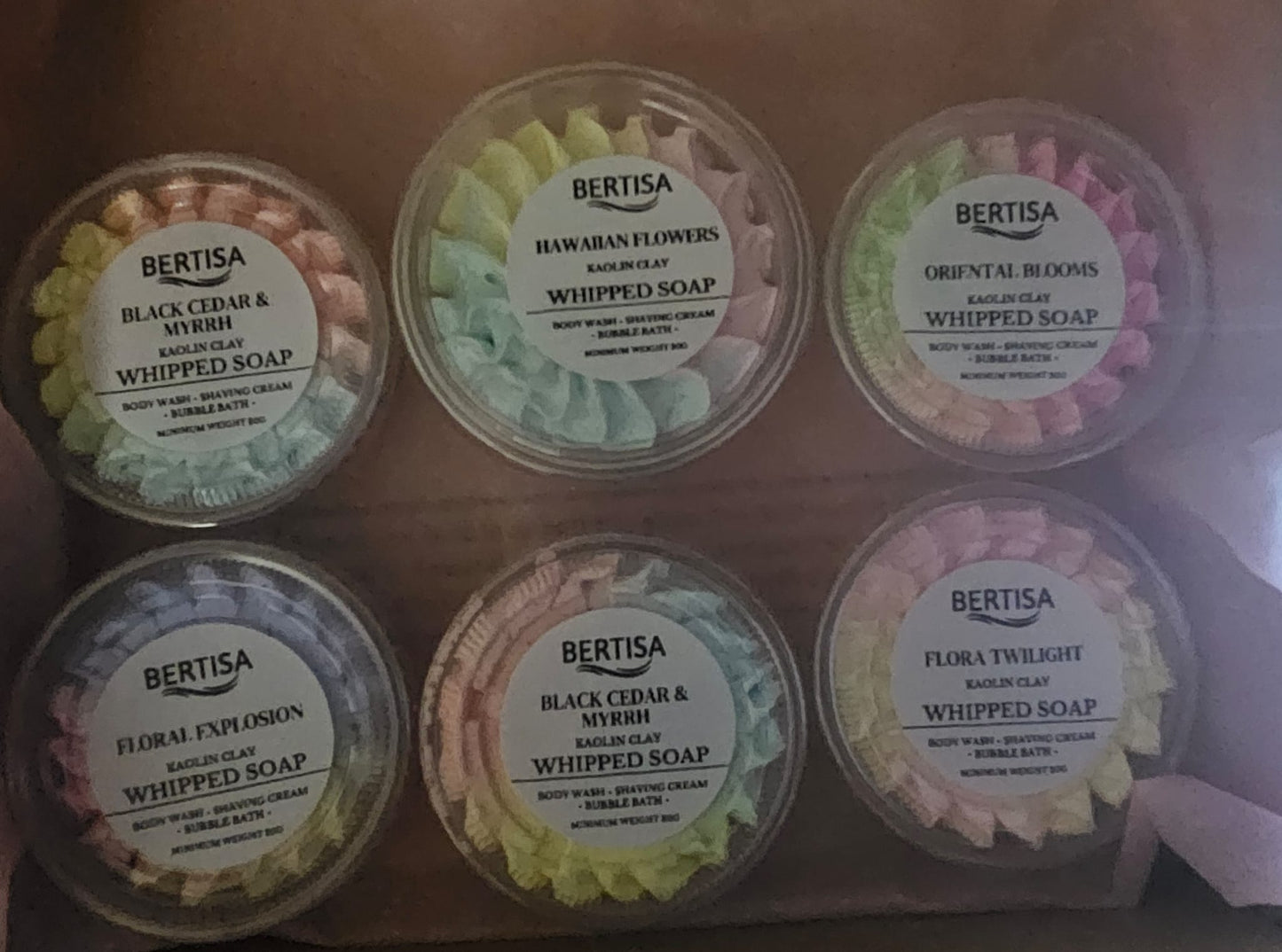 Set of Bertisa whipped soaps in clear background