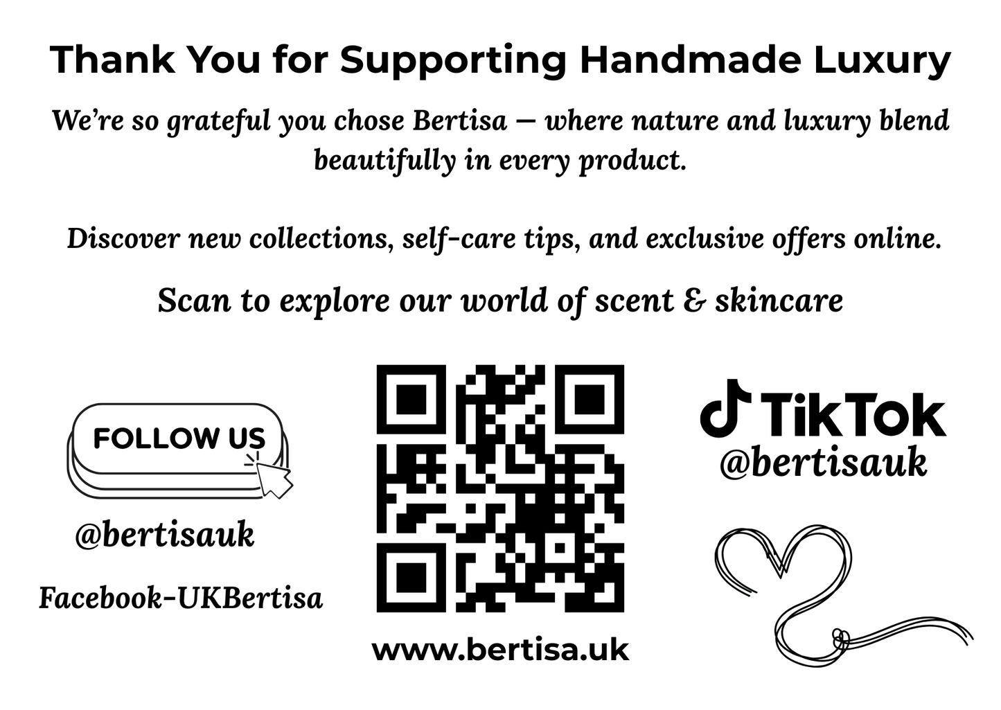 Promotional graphic for Bertisa with QR code, social media handles, and website URL on a white background.