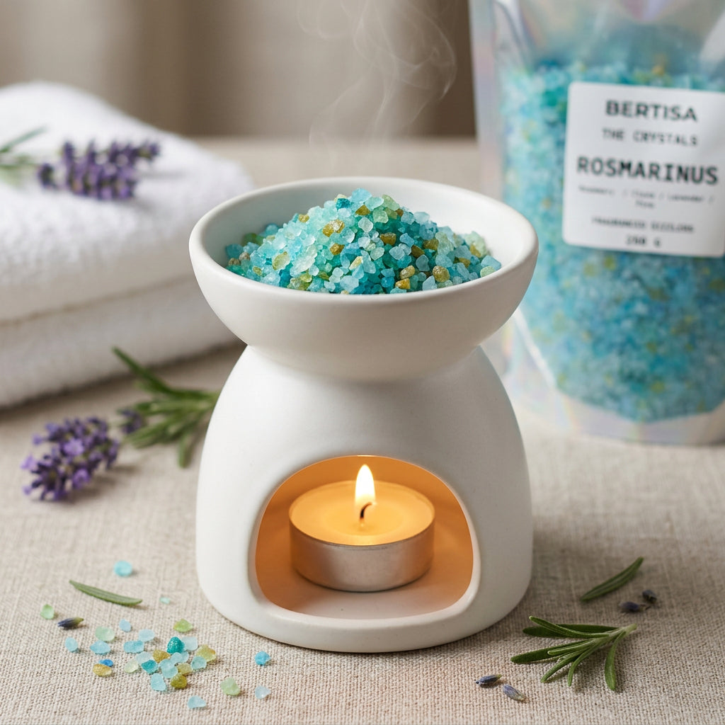 A stand-up pouch of Bertisa The Crystals Rosmarinus fraganced sizzlers, filled with light blue salt crystals, set against a plain light gray background.