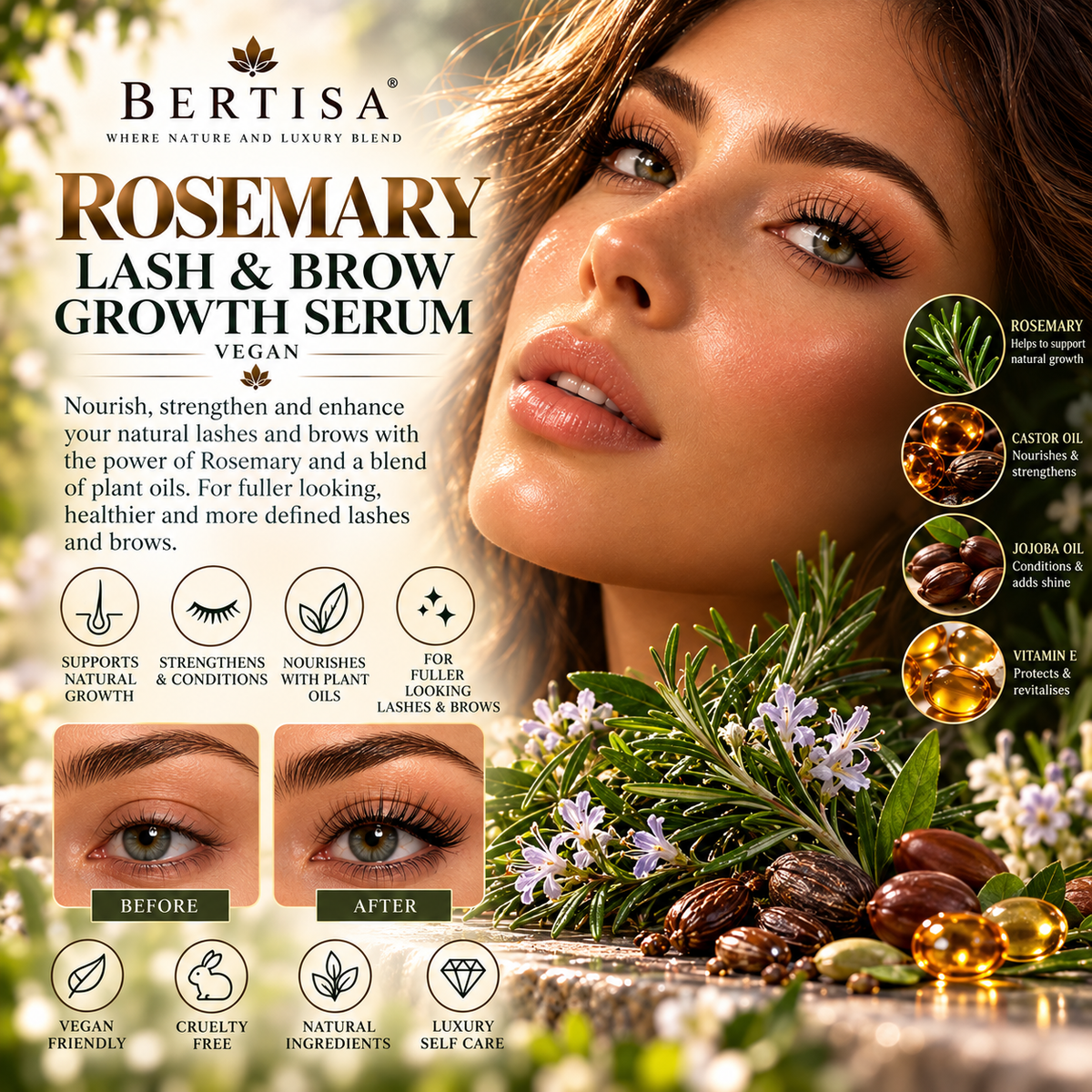 Infographic showing model eyes, ingredient icons for rosemary and castor oil, and fresh botanical sprigs