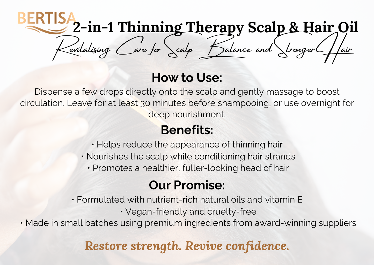 Bertisa 2-in-1 Thinning Therapy Scalp & Hair Oil packaging with usage instructions and benefits.