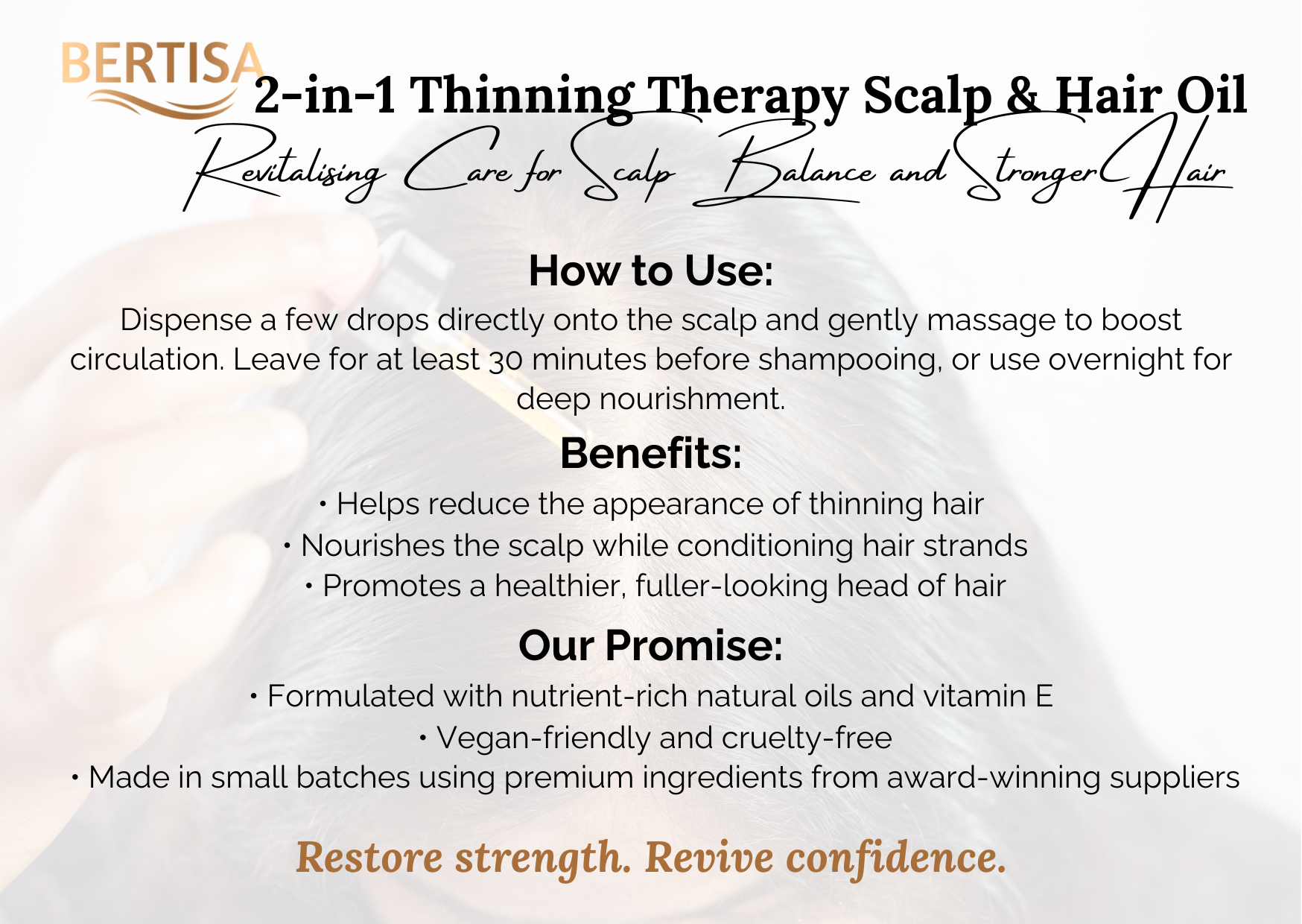Bertisa 2-in-1 Thinning Therapy Scalp & Hair Oil packaging with usage instructions and benefits.