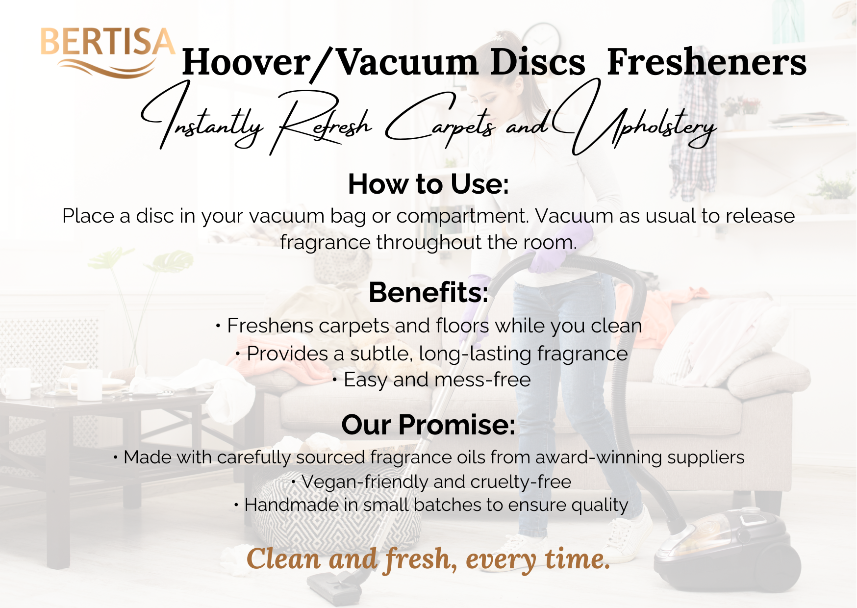 Advertisement for Bertisa Hoover/Vacuum Discs Fresheners with text on usage, benefits, and promise.
