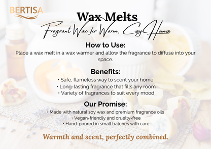 Advertisement for BERTISAA wax melts with text on how to use, benefits, and promise.
