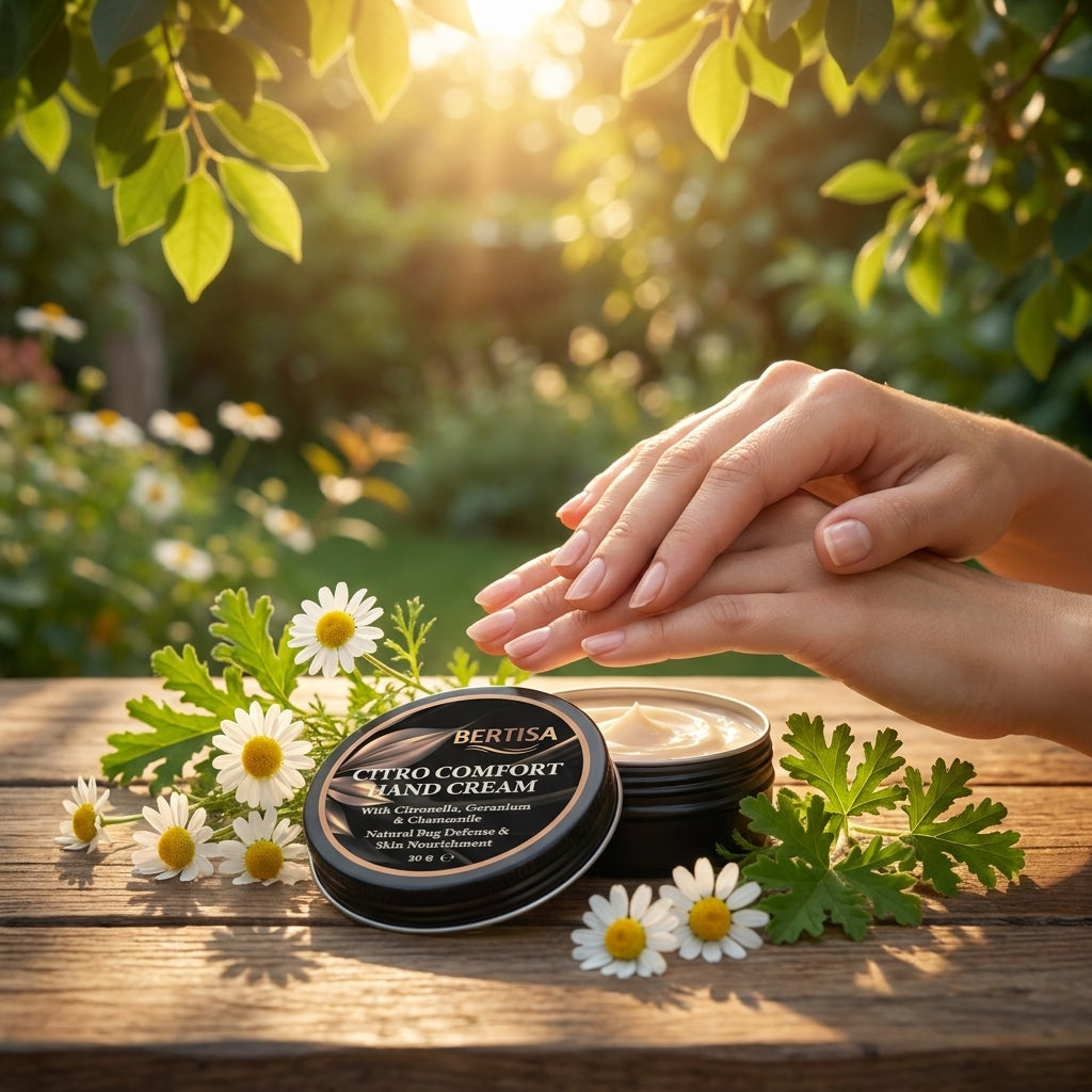 Bertisa Citro Comfort Hand Cream on a wooden surface with flowers and leaves in a natural setting