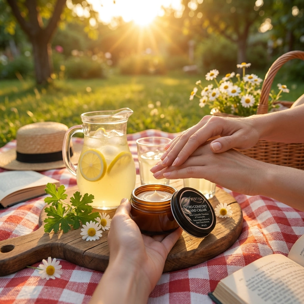 Picnic setup with lemonade, candles, and books on a checkered tablecloth in a garden.