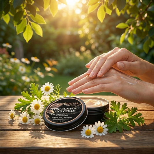 Berta Citro Comfort Hand Cream on a wooden surface with hands and flowers in a natural setting