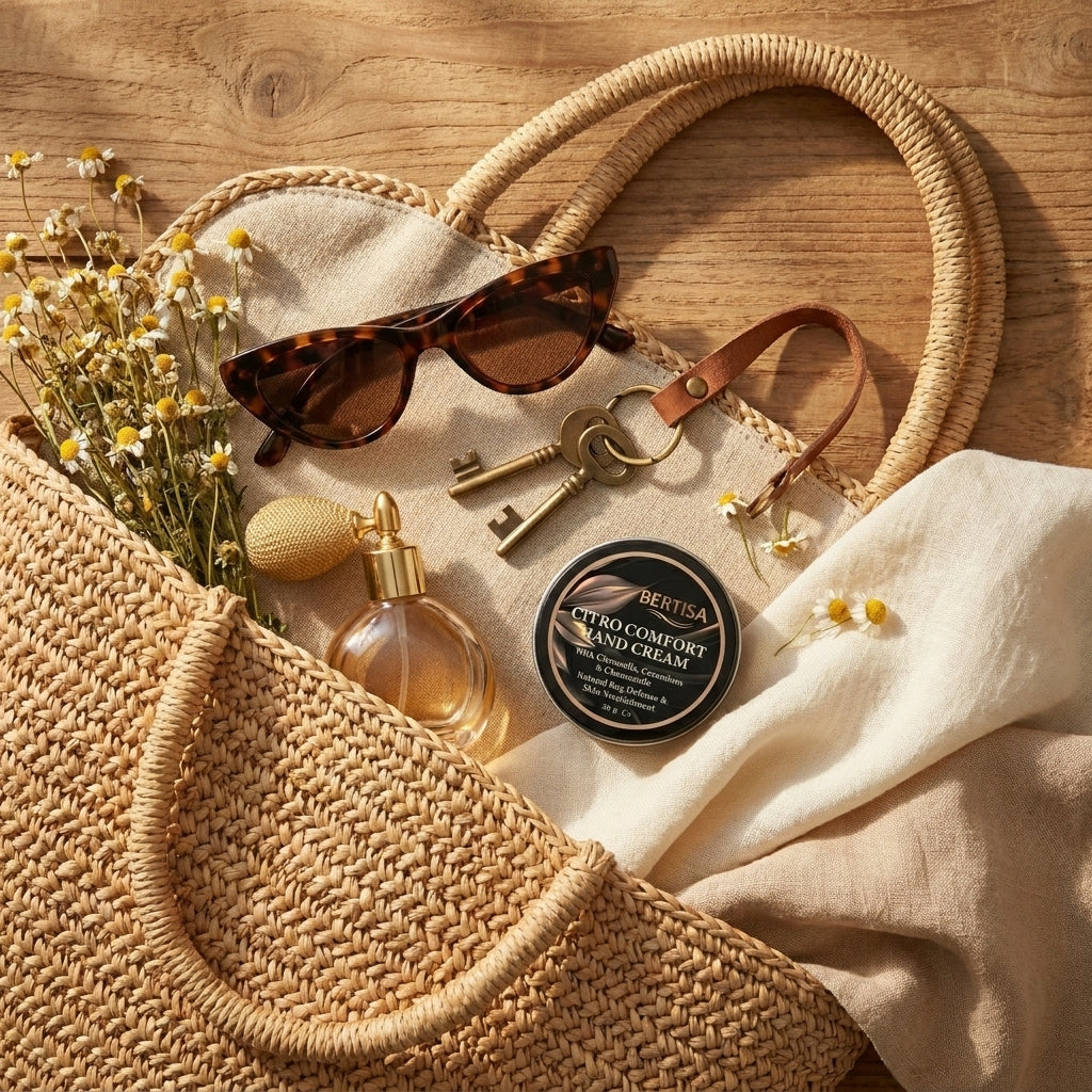 Woven bag with sunglasses, key, and cosmetic items on a wooden surface