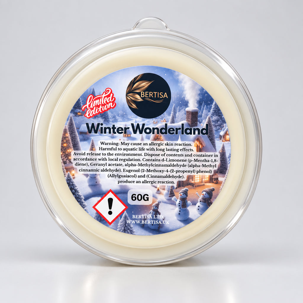 A round, clear plastic tub of Bertisa Winter Wonderland scented candle wax, featuring a colorful winter-themed label with snowmen and a warm glowing fireplace.
