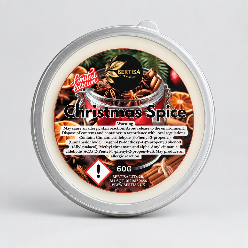 A round clear plastic tub of Bertisa Christmas Spice fragrance wax, showing the white wax inside and a detailed label with cinnamon sticks, pinecones, and red berries.