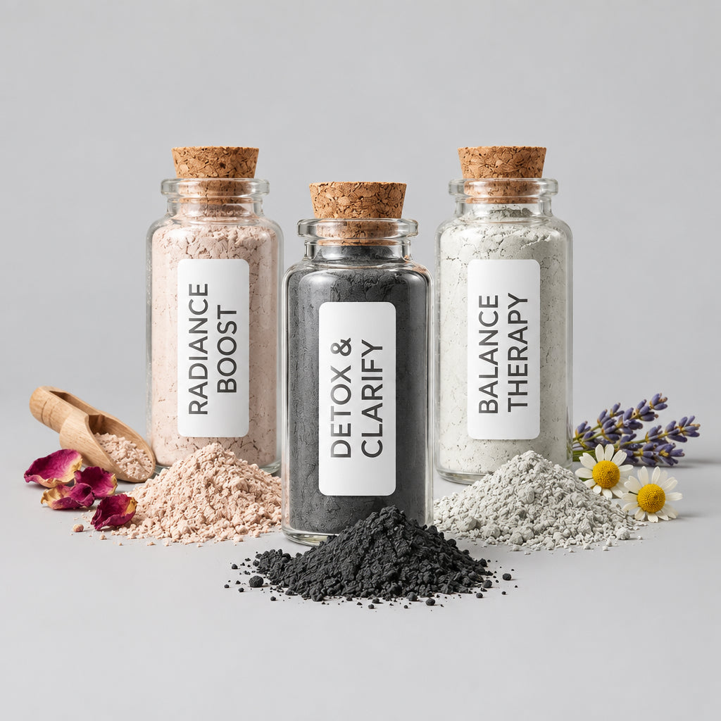 Three small glass bottles labeled 'Radiance Boost', 'Balance Therapy', and 'Detox & Clarify' on a textured surface with natural elements.