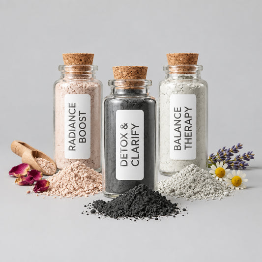Three small glass bottles labeled 'Radiance Boost', 'Balance Therapy', and 'Detox & Clarify' on a textured surface with natural elements.