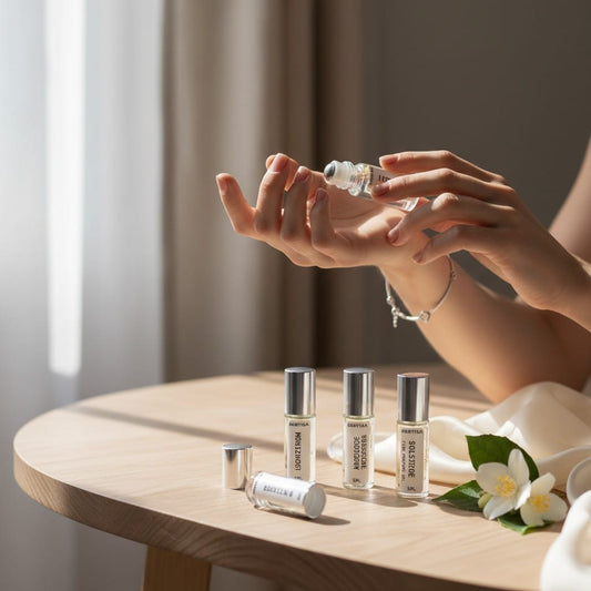 Person holding a perfume bottle with small bottles and flowers on a wooden table.