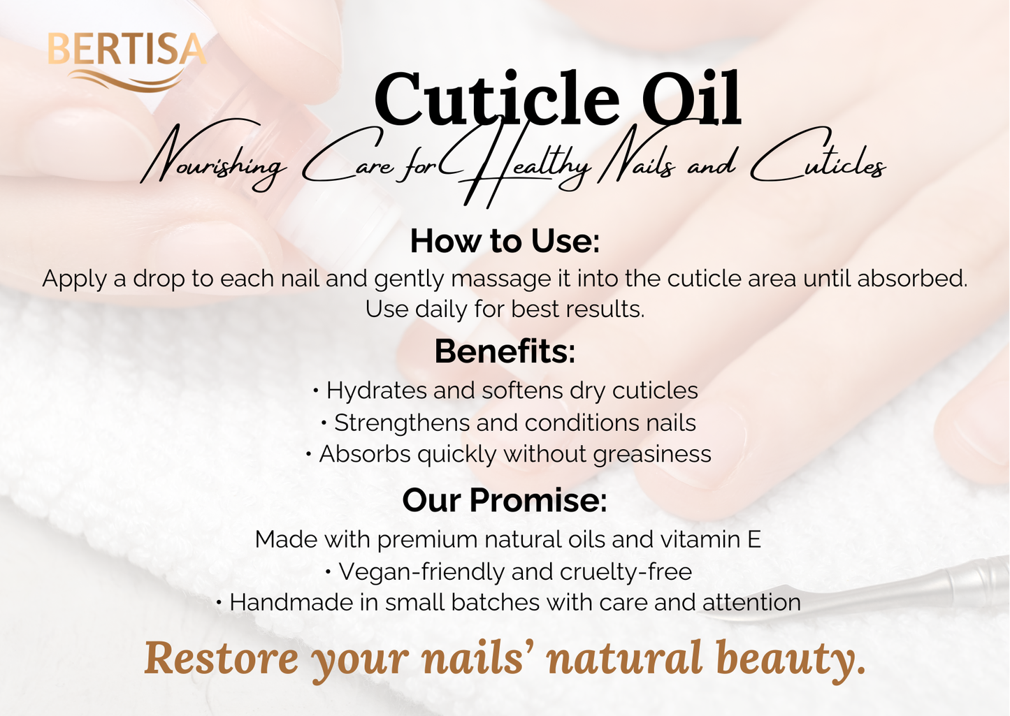 Bertisa cuticle oil advertisement with text on a white background