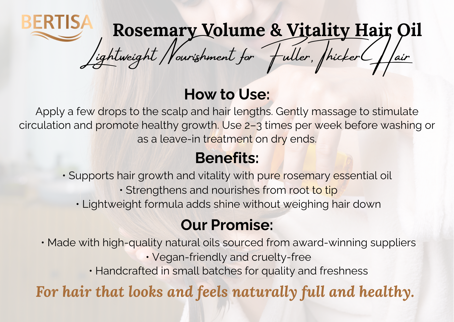 Advertisement for BERTISA Rosemary Volume & Vitality Hair Oil with text on how to use and benefits.