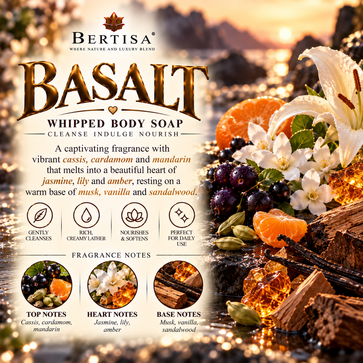 Soap product graphic against coastal sunset with ingredient illustrations