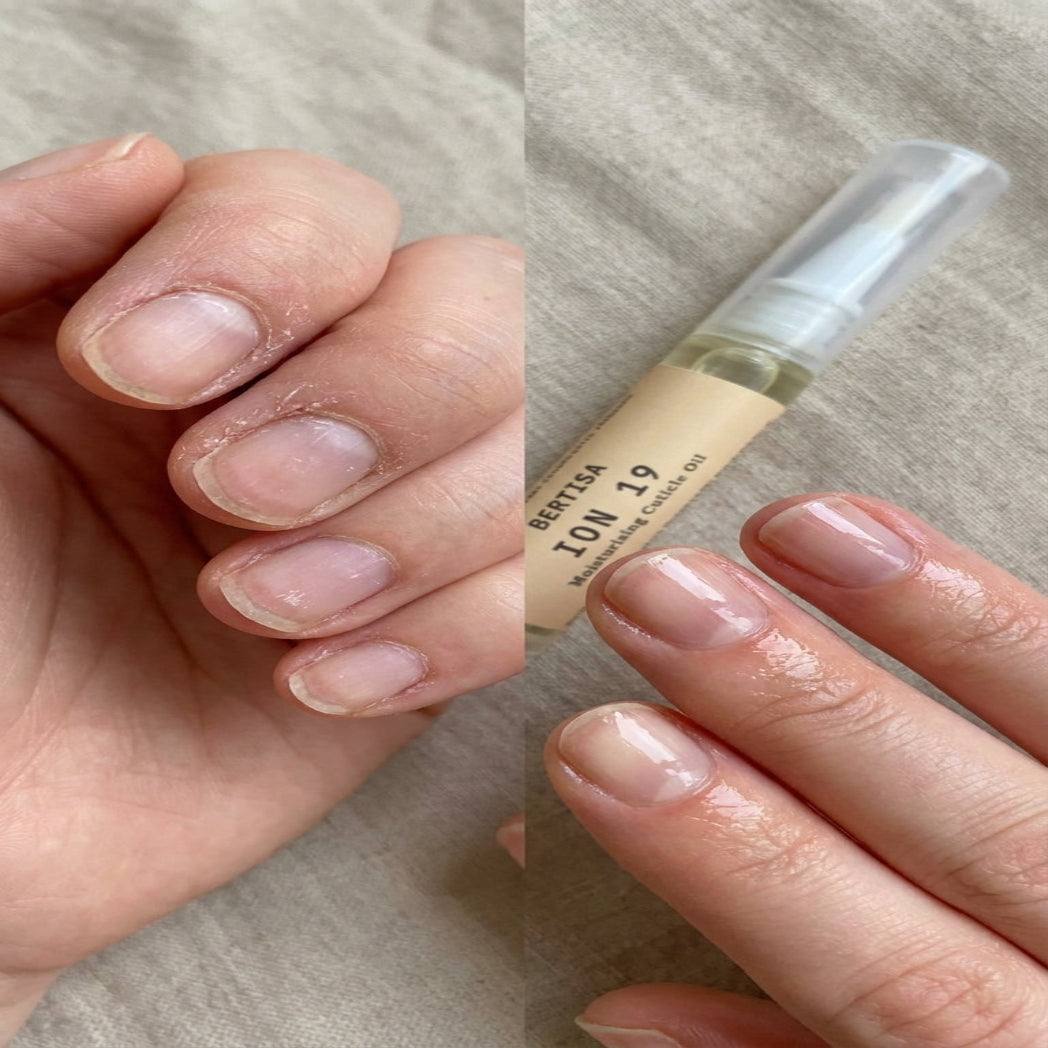 Before and after comparison of nails with a nail care product on a neutral background