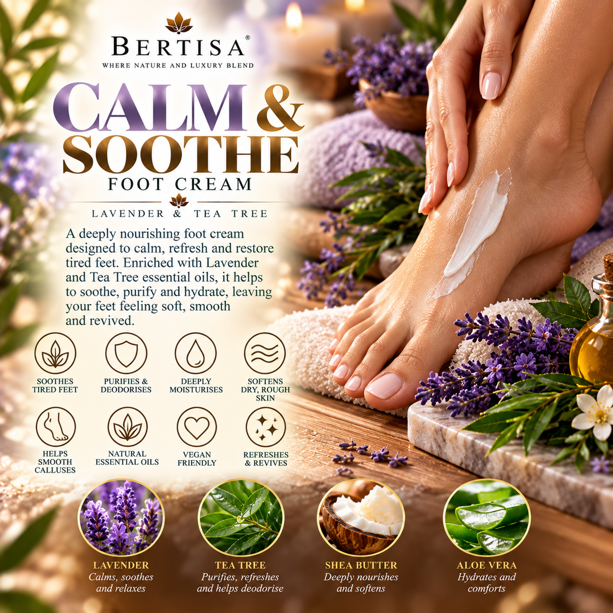 Foot cream on feet with lavender and tea tree accents beside a jar