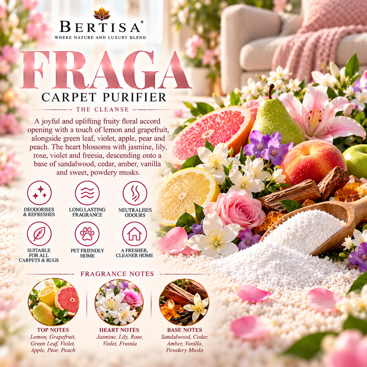 Carpet purifier pouch with label over a floral promotional background