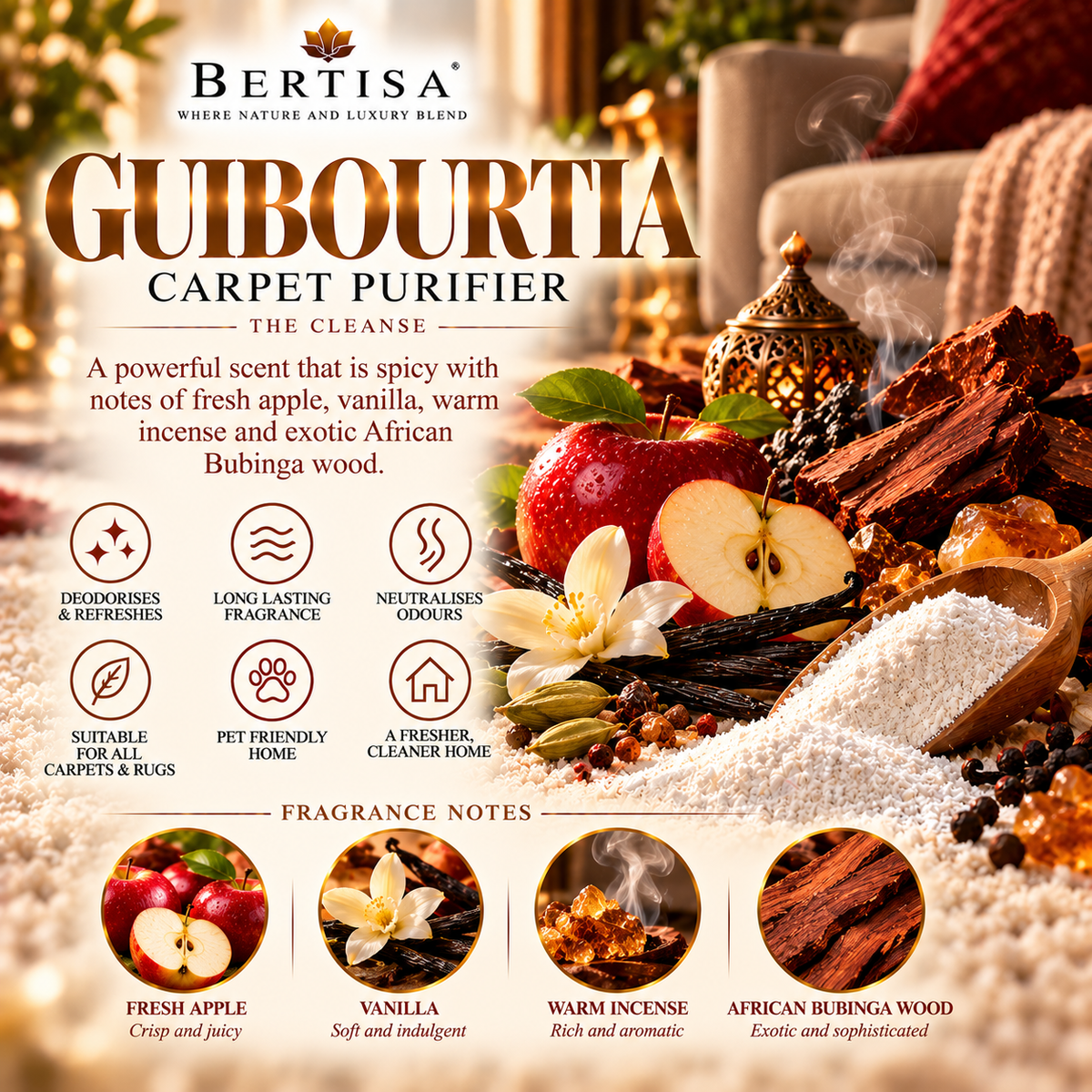 Infographic showing white powder, vanilla pods, incense and wood chunks for home fragrance