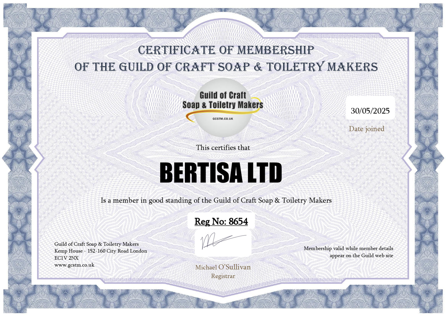 Certificate of Membership for Bertisa Ltd from the Guild of Craft Soap & Toiletry Makers