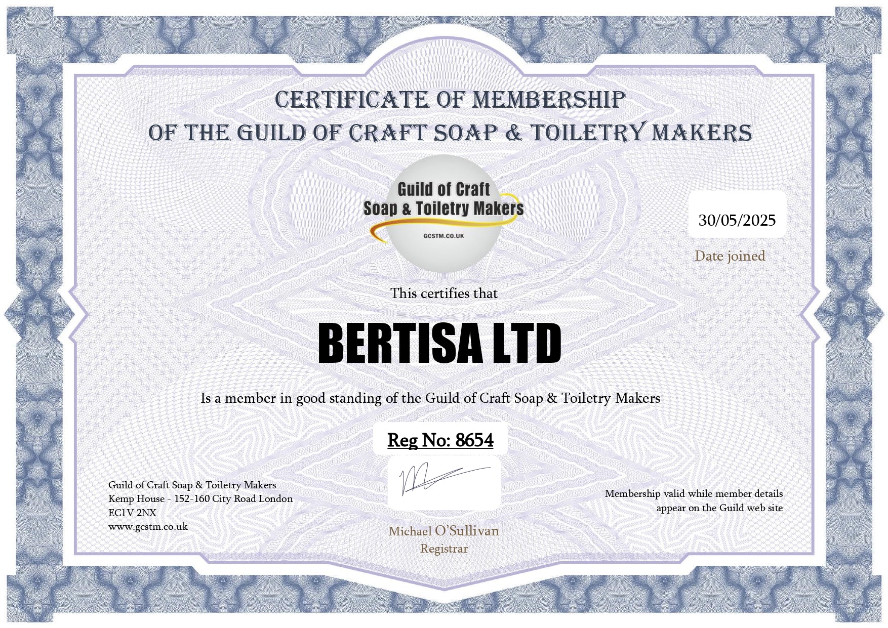 Certificate of Membership for Bertisa Ltd from the Guild of Craft Soap & Toiletry Makers