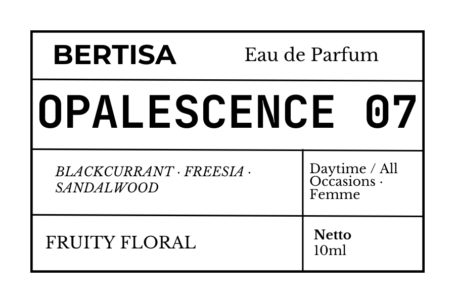 Product label for Bertisa Opalevance 07 Eau de Parfum with ingredients and description.