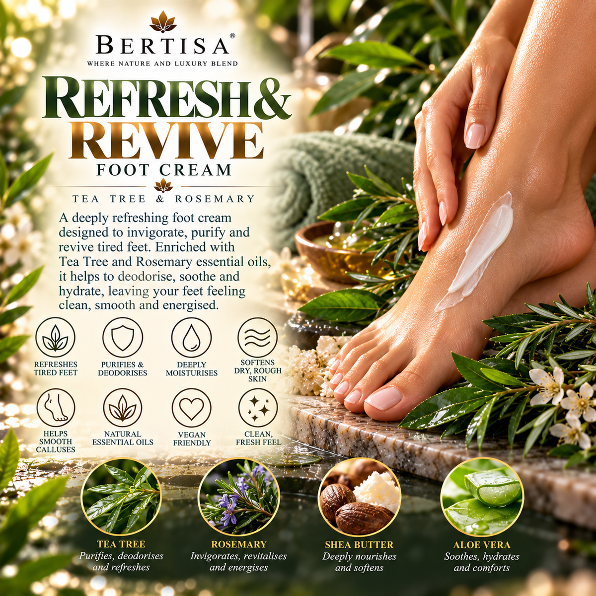 A foot cream advertisement for Bertisa Refresh & Revive Foot Cream, showing a person's bare feet in a stone pool with green tea tree and rosemary leaves. The ad includes product details, ingredient highlights, and icons on a natural outdoor background.