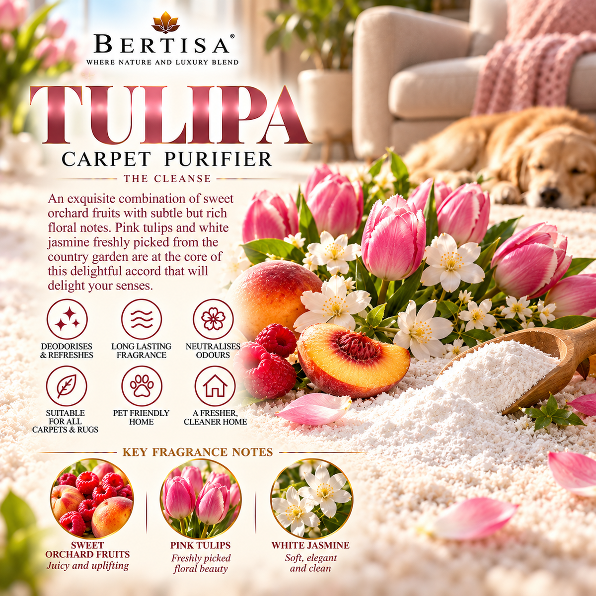 Infographic showing pink tulips, jasmine, peach and raspberry ingredients alongside sleeping dog on carpet for pet friendly
