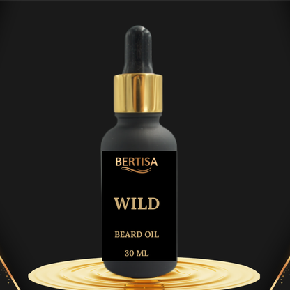 Bottle of Bertisa Wild Beard Oil with a black label and gold cap on a dark background