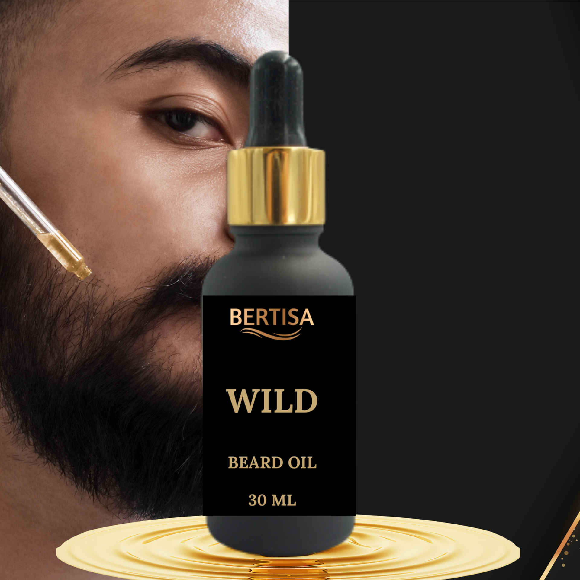 Bertisa Wild Beard Oil bottle with a dropper next to a man with a beard.