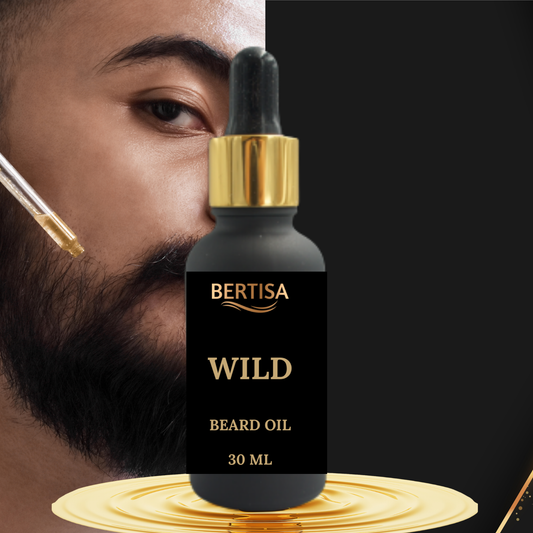 Bertisa Wild Beard Oil bottle with a dropper next to a man with a beard.