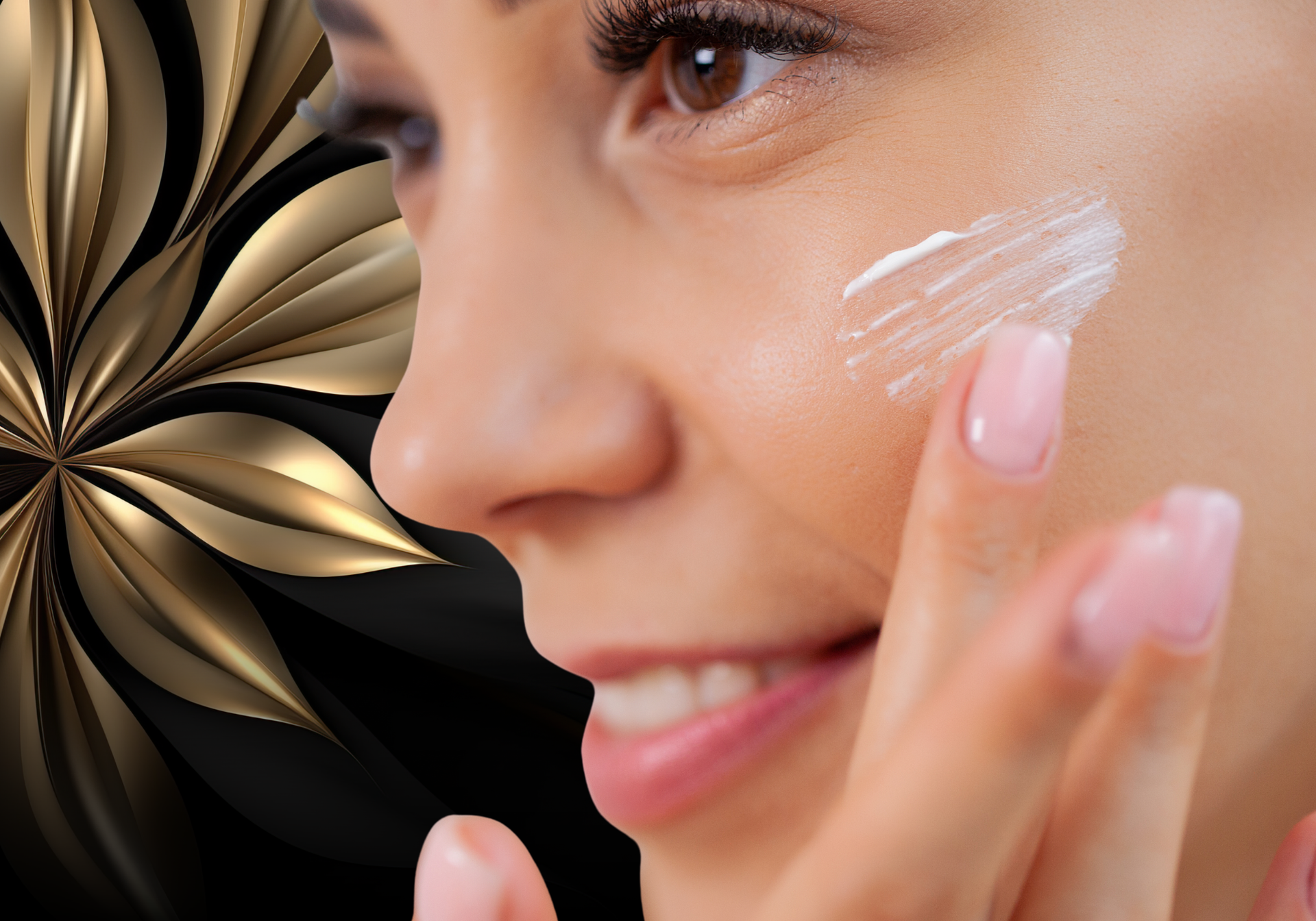 Close-up of a woman applying cream to her face with a decorative gold and black background.