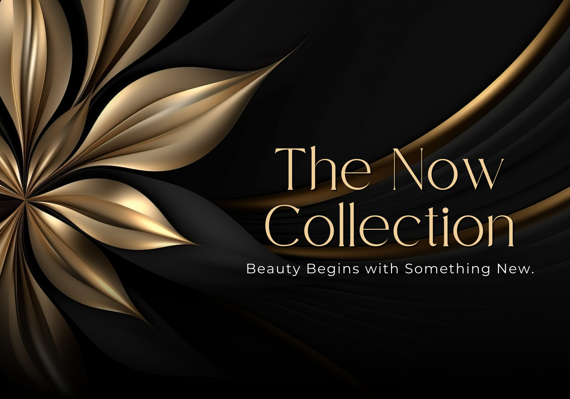 Decorative gold flower design on a black background with 'The Now Collection' text.