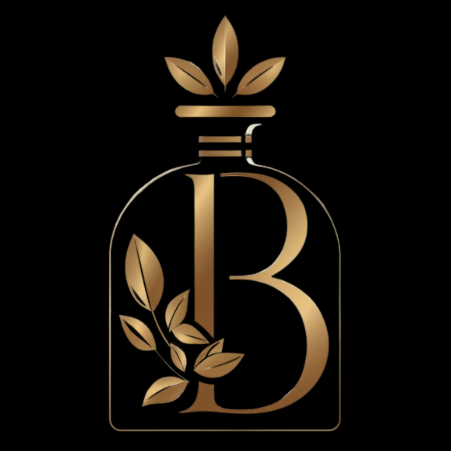 Logo with a stylized letter 'B' and leaves on a black background