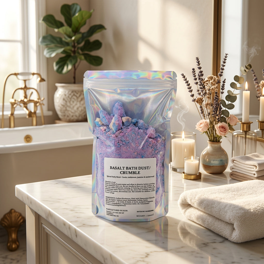 A stand-up pouch of Basalt Bath Dust / Crumble, filled with lavender and purple mineral powder and large crystal-like chunks, in an iridescent silver bag with a white label.
