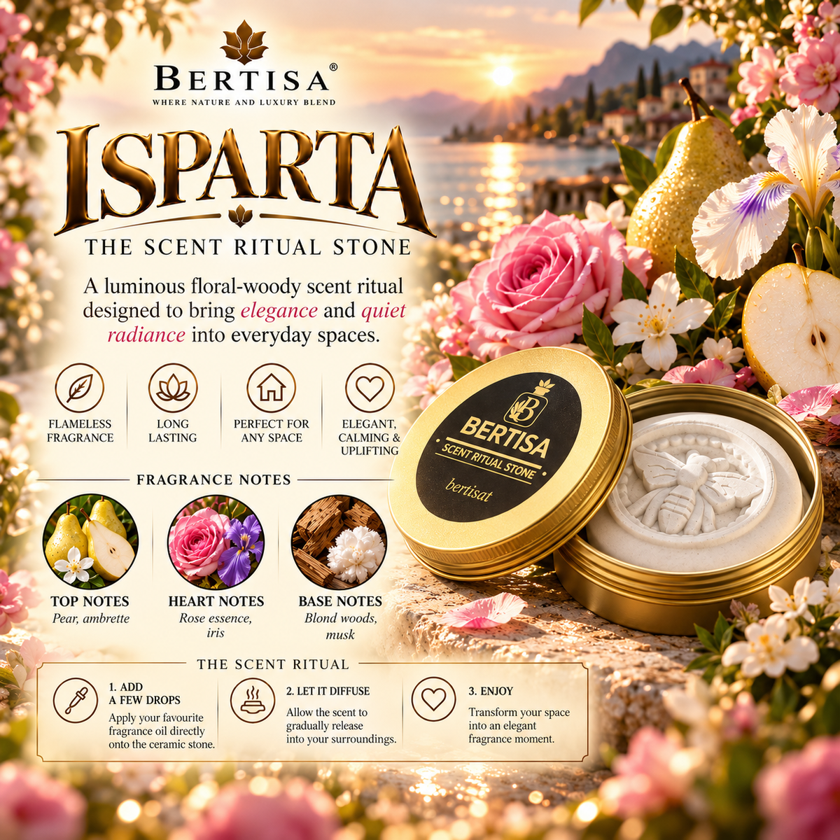 Bertisa Isparta scent ritual stone in an open round gold tin beside a closed matching tin, with white wax visible inside. The scene is styled with pink flowers, a pear, and a warm sunset landscape background, with large text describing the fragrance notes and ritual steps.