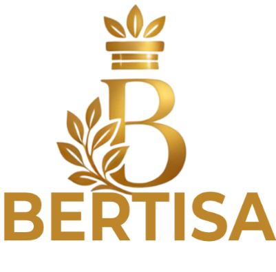 Gold logo featuring a stylized letter B with a leaf crown and leaf branch, above the word BERTISA, on a white background.