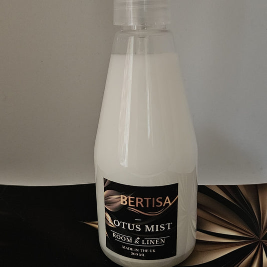 Bottle of Bertisa Lotus Mist Room & Linen spray on a neutral background