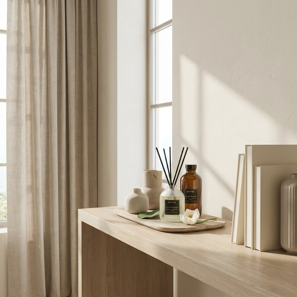 Decorative items on a wooden surface near a window with light curtains