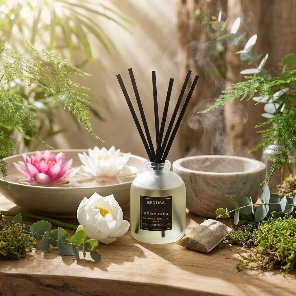 Diffuser with reeds surrounded by decorative flowers and plants on a wooden surface