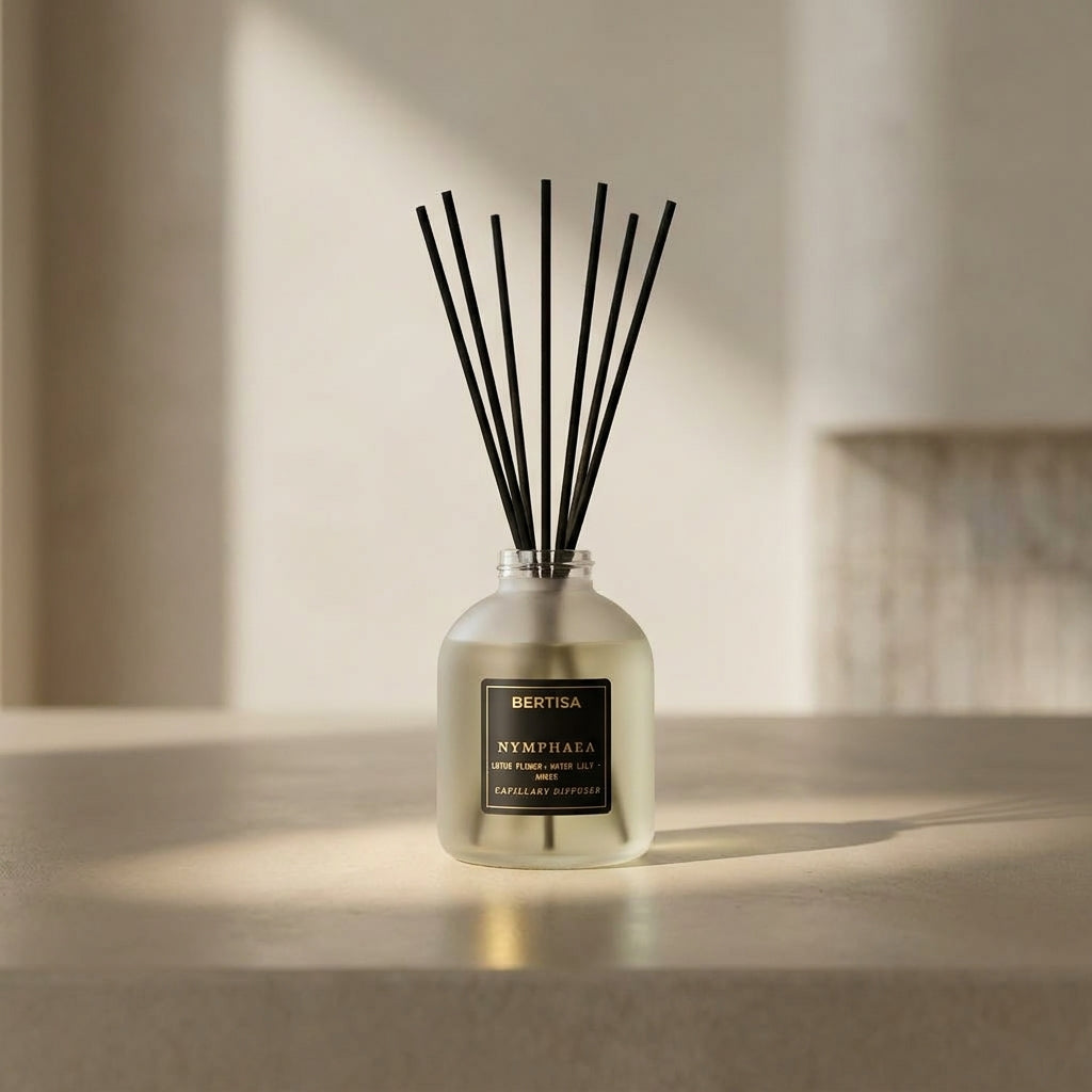 Diffuser with black sticks on a neutral background