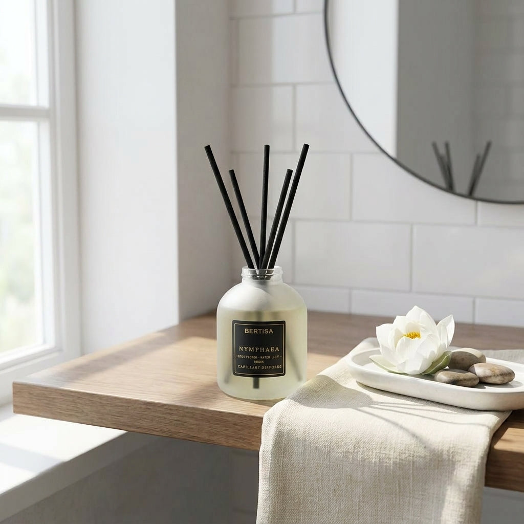 Diffuser with black sticks on a wooden shelf in a bright room