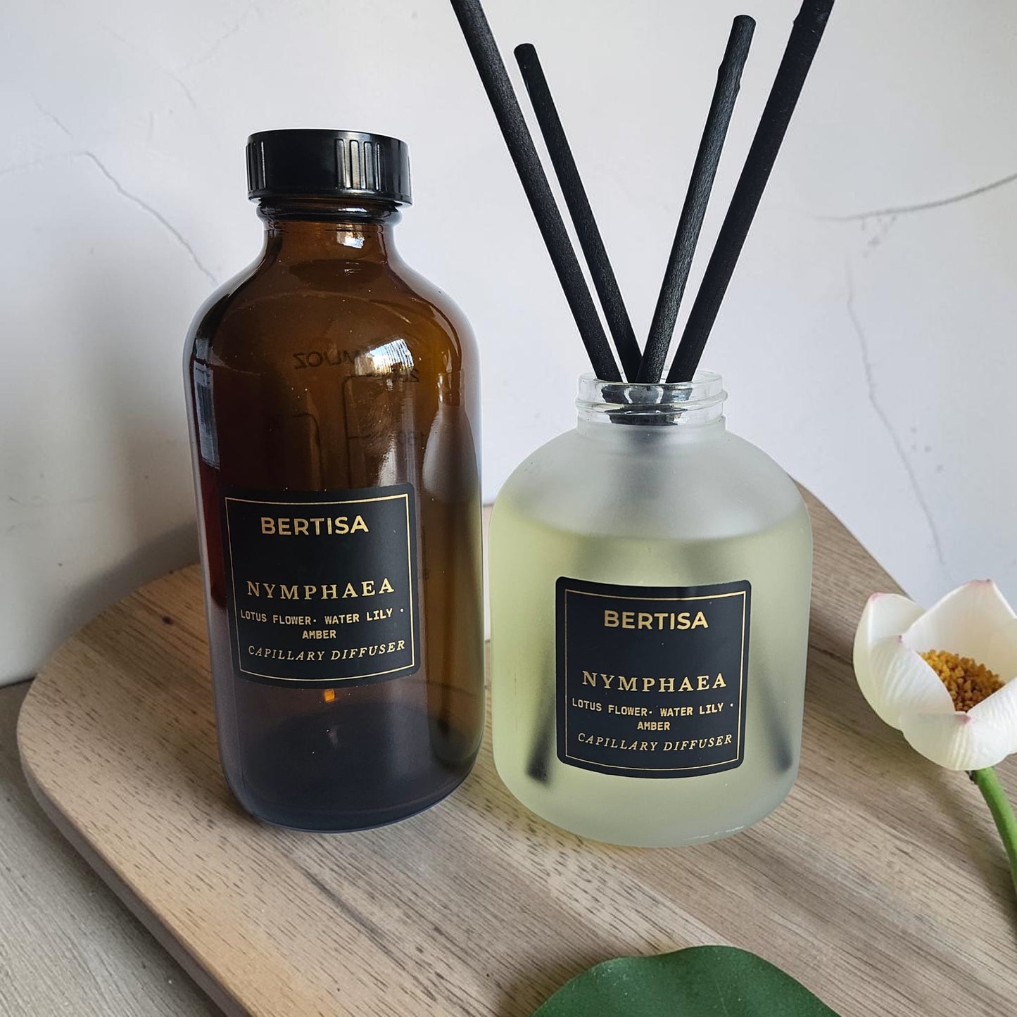 Bertisa Nymphaea diffuser set on a wooden surface with a white background