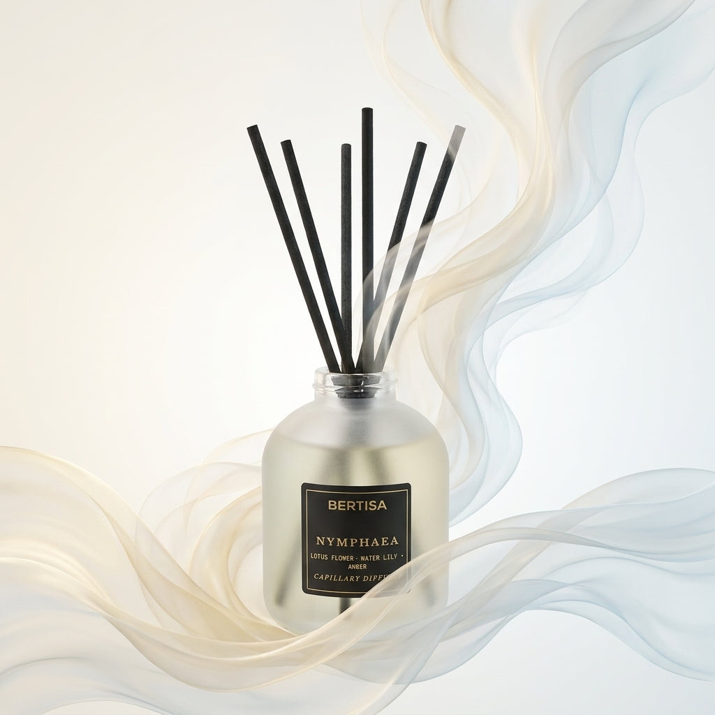 Diffuser with black sticks and visible brand name on a soft, swirling background
